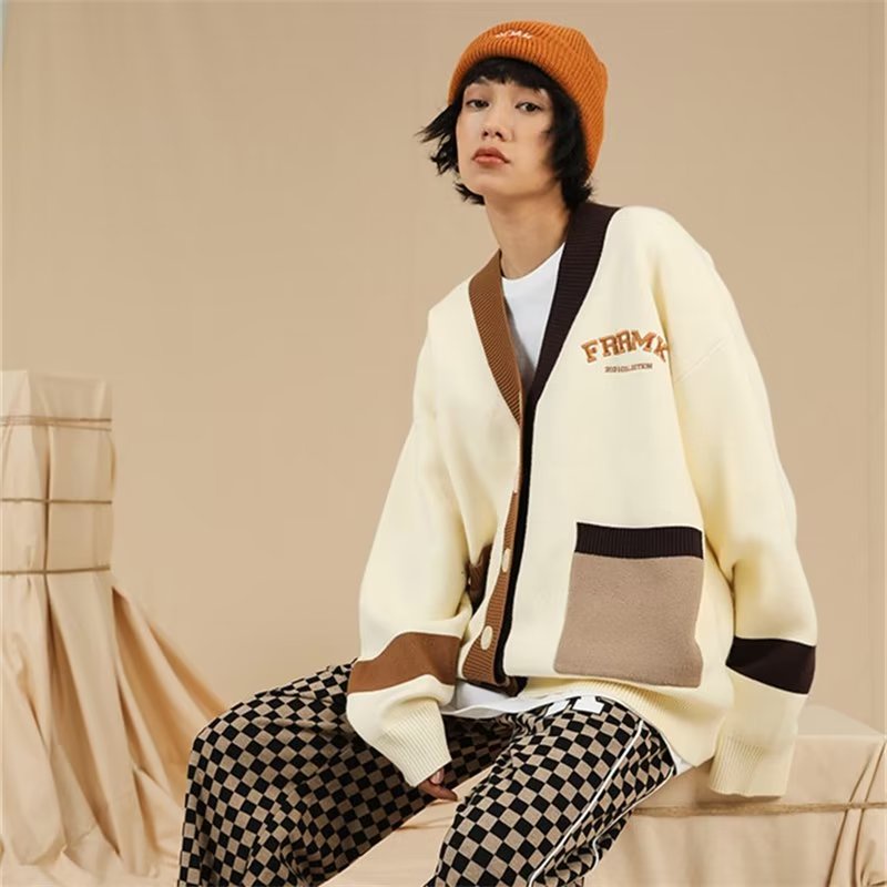 Áo Khoác cardigan Dệt Kim Cổ Chữ V Dáng Rộng Thêu Chữ Màu Khối Thời Trang 2022 Cho Cặp Đôi