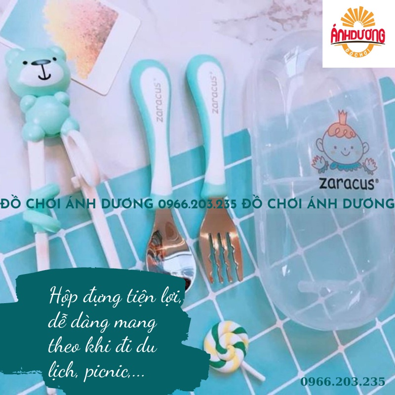 Bộ Đũa Thìa Dĩa Inox Zaracus Cho Bé Tập Ăn Siêu Dễ Thương- Có Hộp Đựng Tiện Lợi