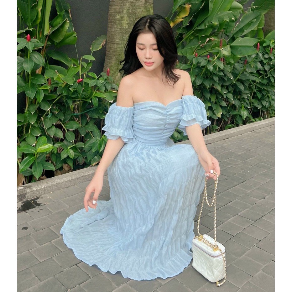 [HCM] Đầm Nữ Maxi Xốp Nhúng Tay Rớt Vai (Có Mút Ngực) Thời Trang Nữ Sam Closet Free Size 40-55kg