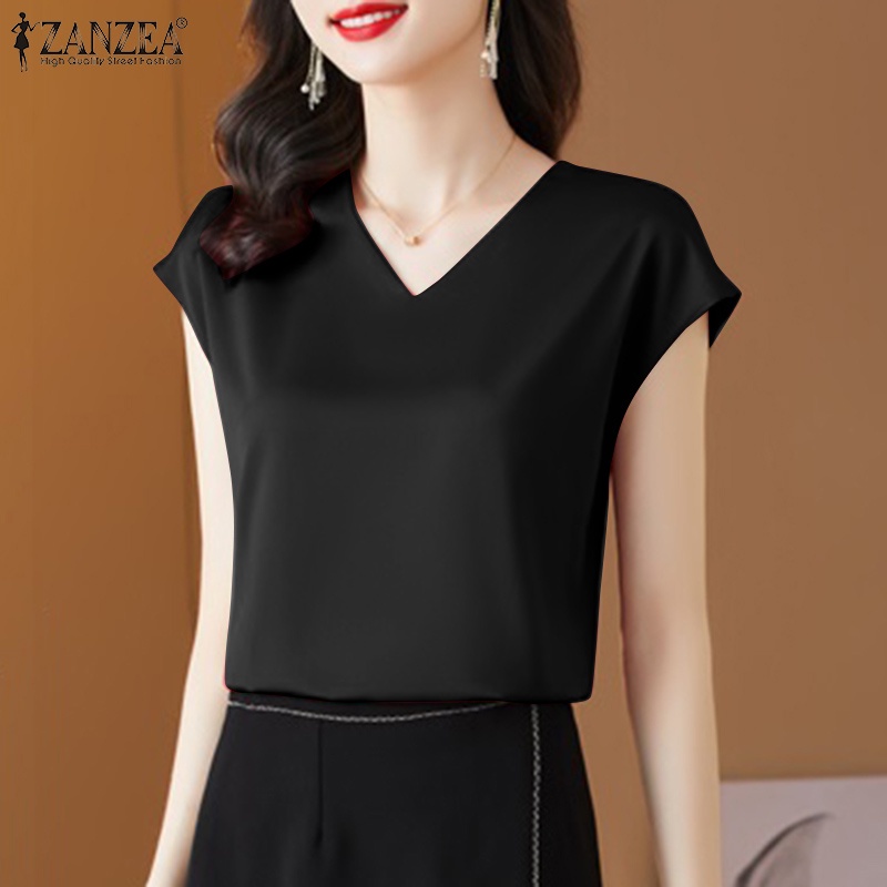 Áo satin Zanzea ngắn tay cổ chữ V thời trang dành cho nữ
