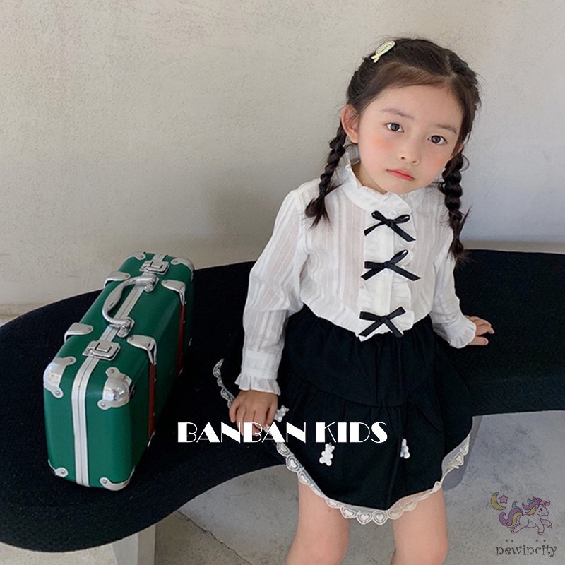 Bộ áo dài tay + chân váy phối ren thời trang cho bé gái