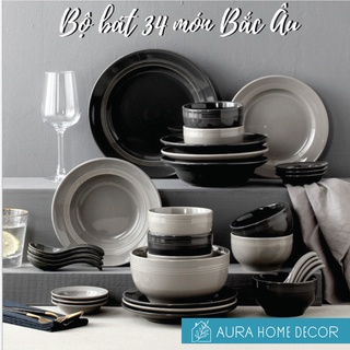 Bộ bát Bắc Âu 32 món dành mix 2 màu đen, xám