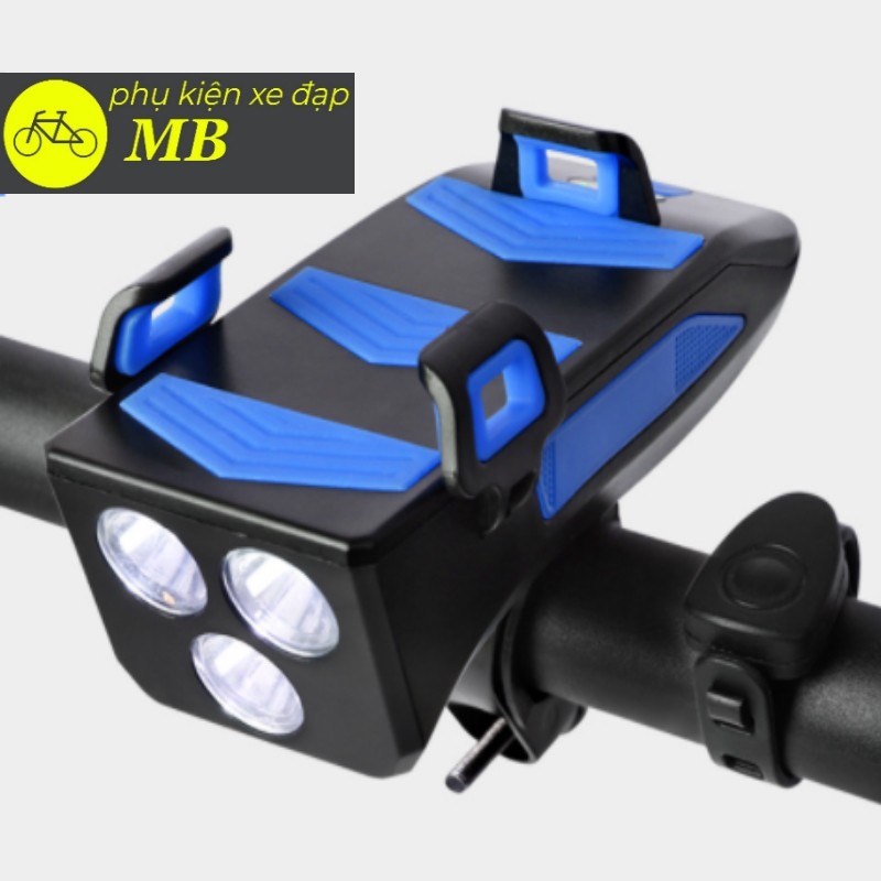 đèn còi xe đạp siêu sáng sạc usb tính năng 4 trong 1 ( đèn, còi, giá đỡ điện thoại, sạc dự phòng) chống nước tuyệt đối