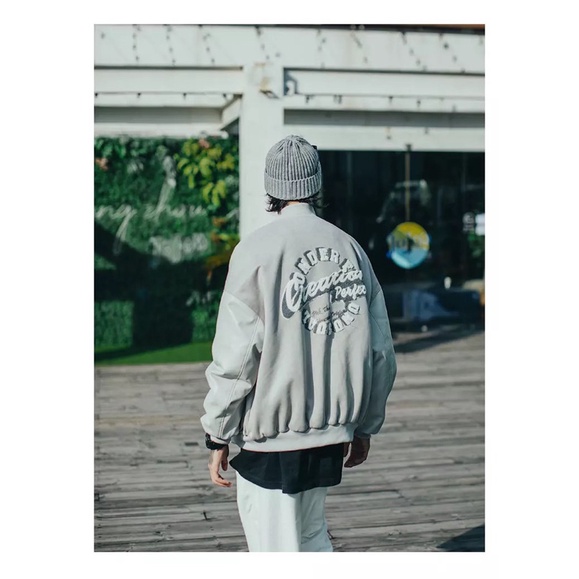 ÁO KHOÁC BOMBER PHỐI TAY DA NAM  NỮ T-A-N FORM RỘNG VAI SỆ-AKD7-Vải Dạ phối Tay Da cực ngầu hình thêu màu xám