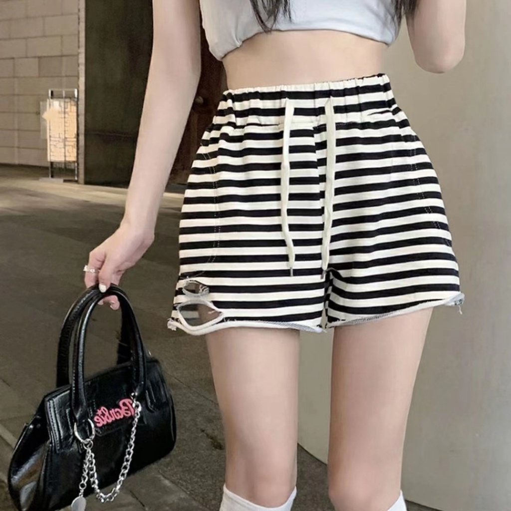 SUXI Quần ngắn ống rộng Lưng Cao Dáng Chữ A Họa Tiết Kẻ Sọc Thiết Kế Rách Thời Trang Mùa Hè Trẻ Trung