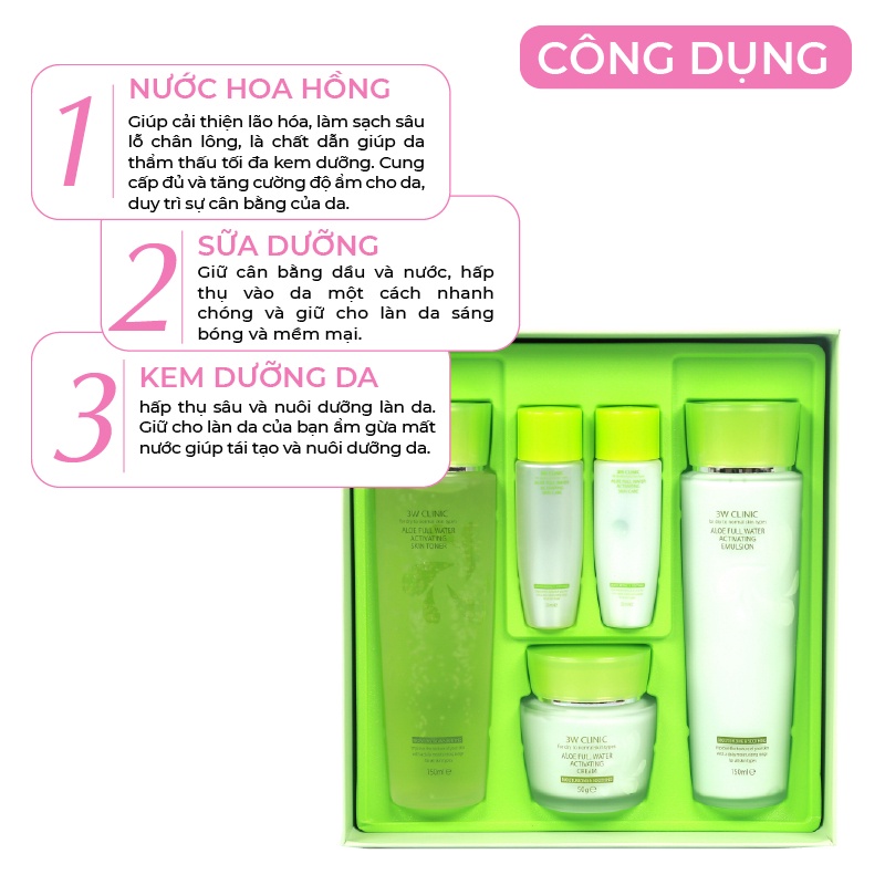 Bộ dưỡng ẩm dưỡng trắng da cấp nước chiết xuất từ tinh chất Lô Hội 3W CLINIC Hàn Quốc