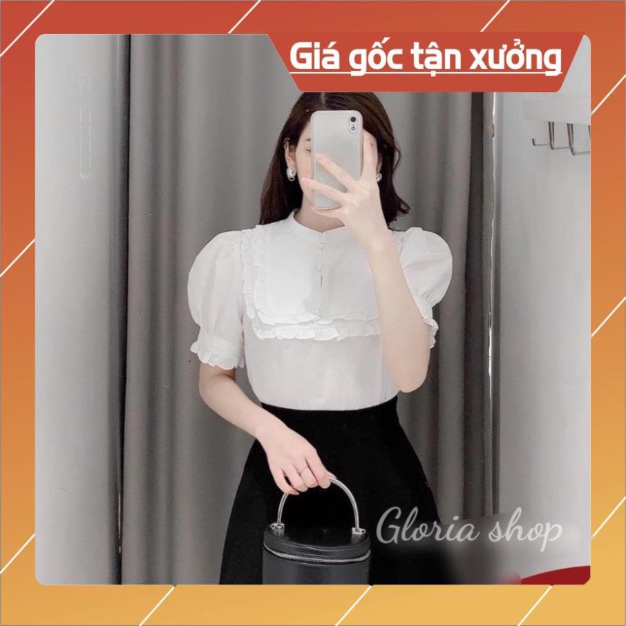 Áo sơ mi nữ trắng cộc tay 💖Gloria Shop💖 áo sơ mi kiểu nữ công sở cổ đức phối bèo đính cúc ngọc [SMT cộc tay] | BigBuy360 - bigbuy360.vn