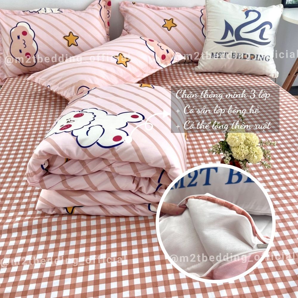 Bộ chăn ga gối Cotton 3D M2T BEDDIND Luxury chăn chần bông thông minh drap giường - CTM Gấu Sọc