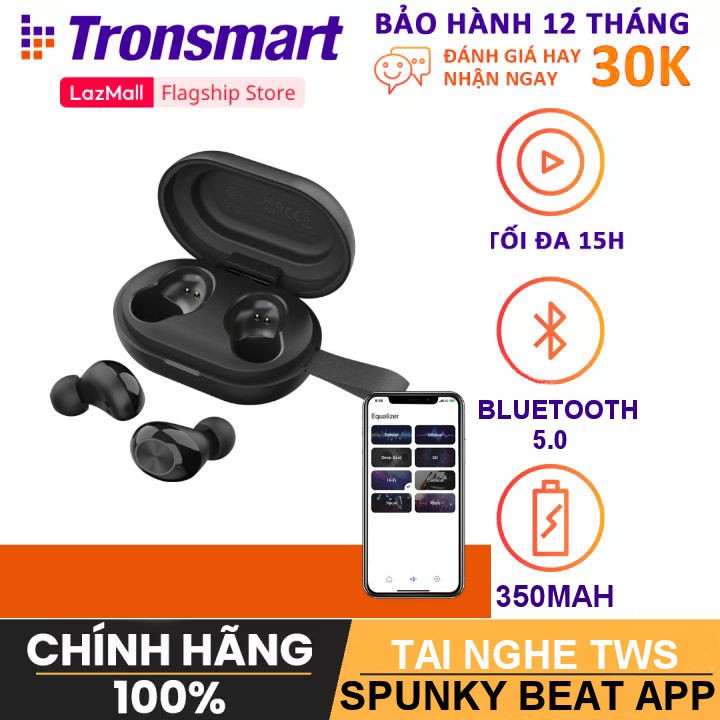 Tai Nghe Bluetooth Không Dây 5.0 TWS Tronsmart Spunky Beat (phiên bản ứng dụng) Chíp Qualcomm Aptx Khử Tiếng Ồn Cao Cấp