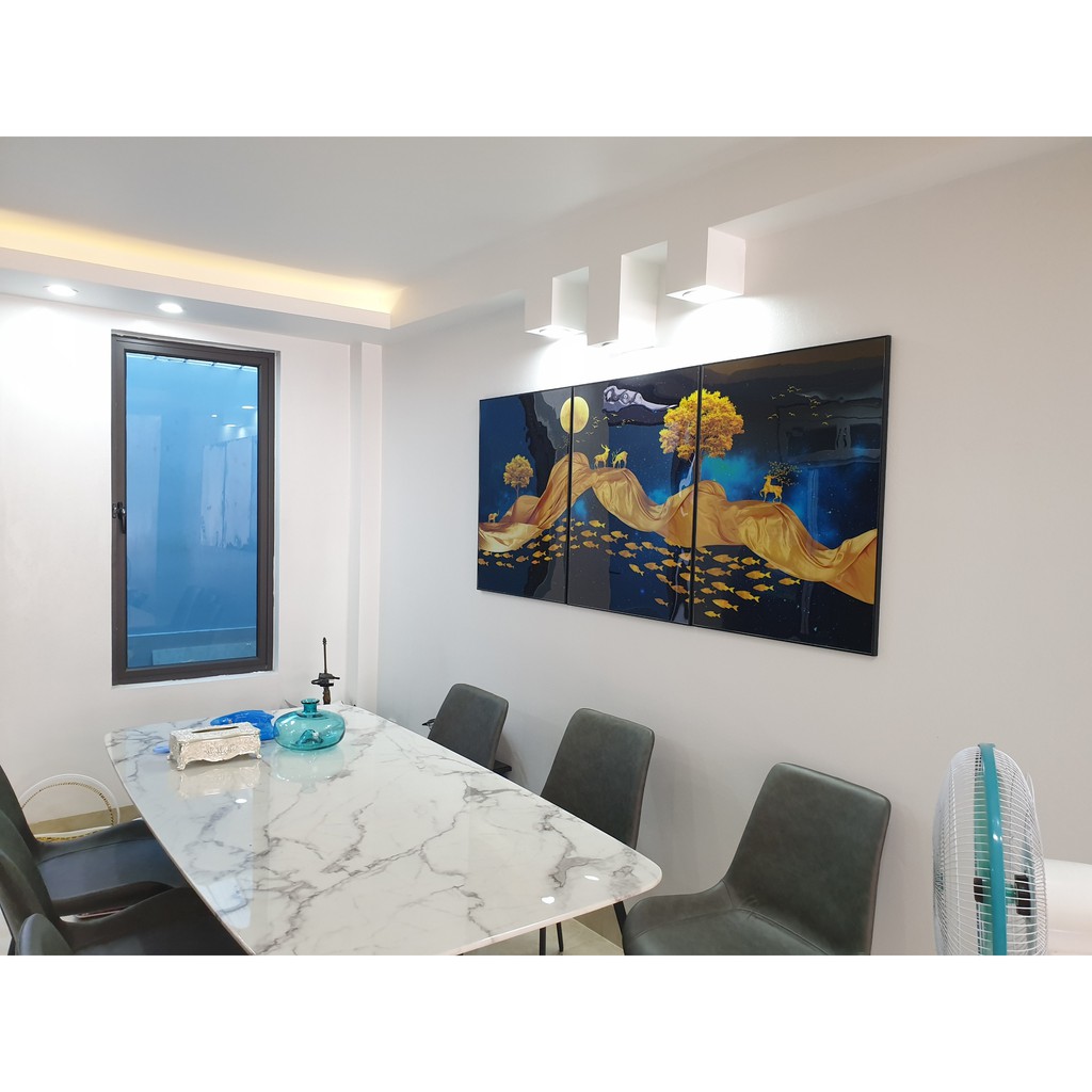 Tranh treo tường tráng gương cao cấp bộ 3 tranh decor hươu vàng phòng khách- GD38