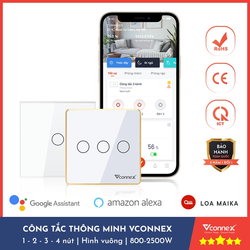 Công tắc cảm ứng thông minh Vconnex, viền nhôm, hình vuông, hàng chính hãng, bảo hành 2 năm 1 đổi 1