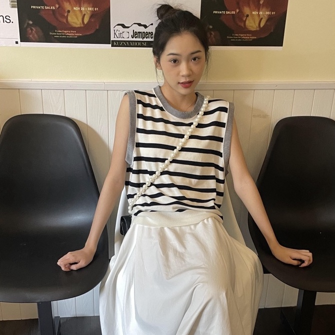 Áo thun ZHELIHANGFEI vải dệt kim không tay dáng rộng kẻ sọc ngang cá tính