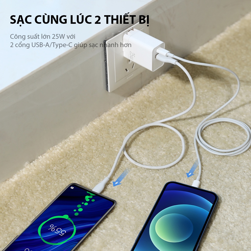 Cốc Sạc Nhanh PD 25W 2 Cổng USB-A Type-C AC 100-240V VIVAN POWER 25U Hỗ Trợ Tự Ngắt Dòng Hàng Chính Hãng