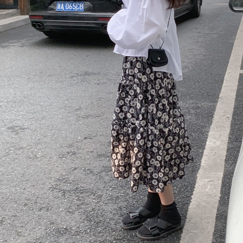 Set Áo Sơ Mi Tay Dài Cổ Chữ V Phối Chân Váy Hoa Thời Trang Hàn Quốc Xinh Xắn Cho Nữ