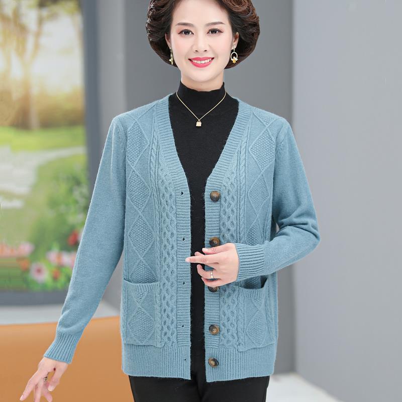Mẹ mặc áo cardigan cổ chữ V rộng rãi áo len dệt kim cho phụ nữ trung niên và cao tuổi vào mùa xuân và mùa thu