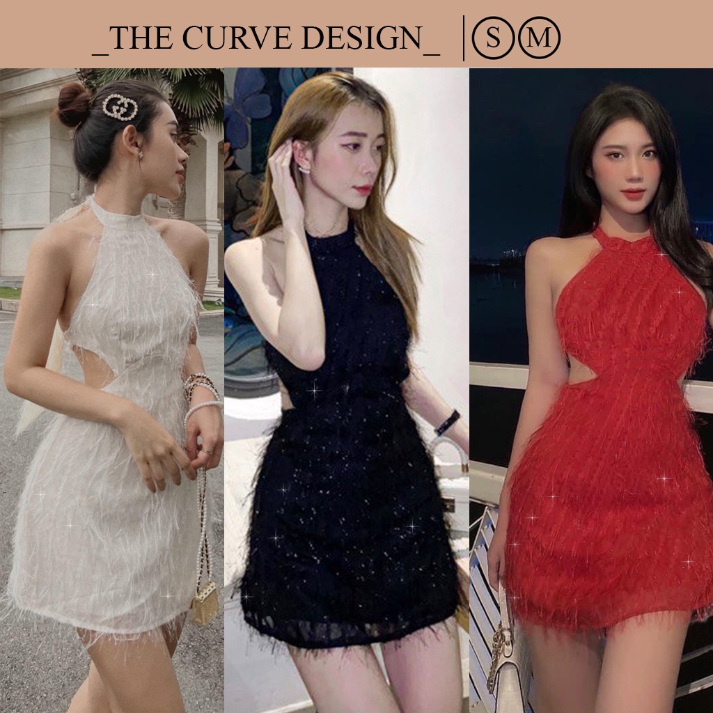 Đầm Nữ Cổ Yếm Hở Lưng Lông Bông Tuyết Tua Rua, Váy Dự Tiệc Khoét Eo Thắt Nơ Mút Ngực - 3 Màu Trắng, Đen, Đỏ TLO02