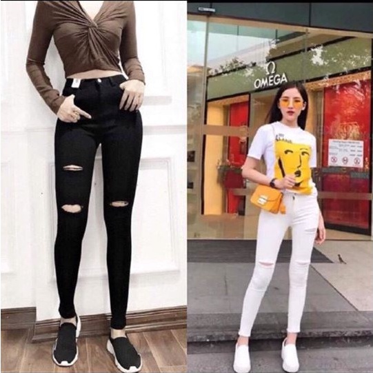 Quần jean nữ, quần bò nữ màu đen- trắng rách gối rách đùi lưng cao co giãn dáng skiny cao cấp