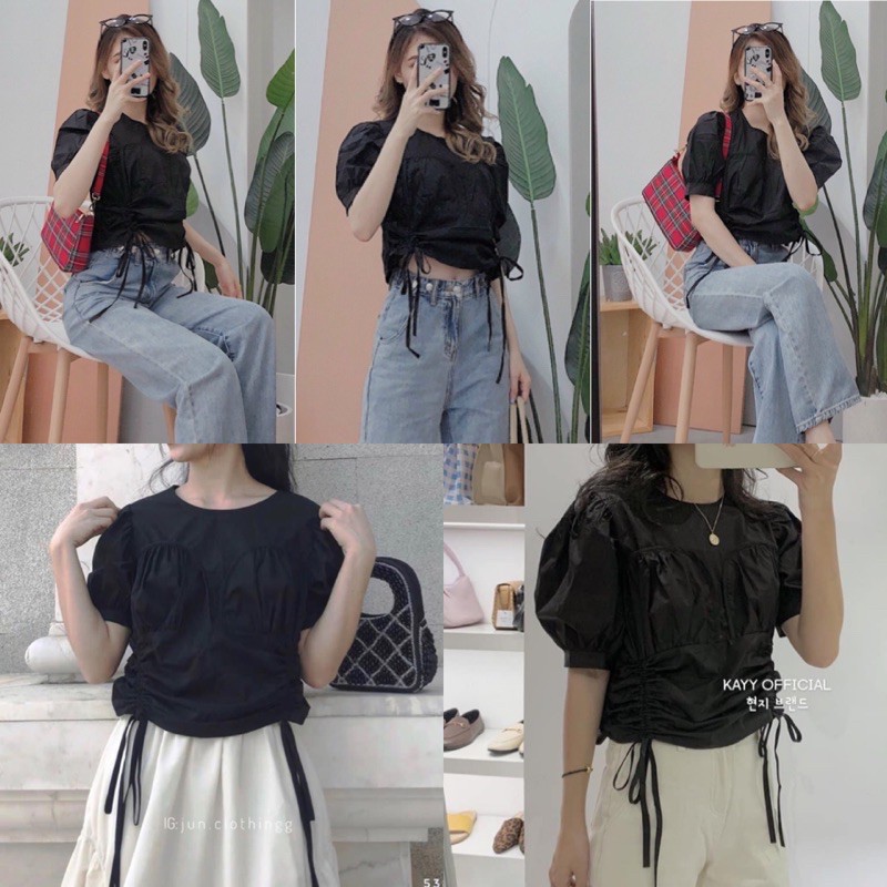 Áo Kiểu MORA CROPTOP style đơn giản nhẹ nhàng thiết kế crop chun rút dây 2 bên tôn vòng eo