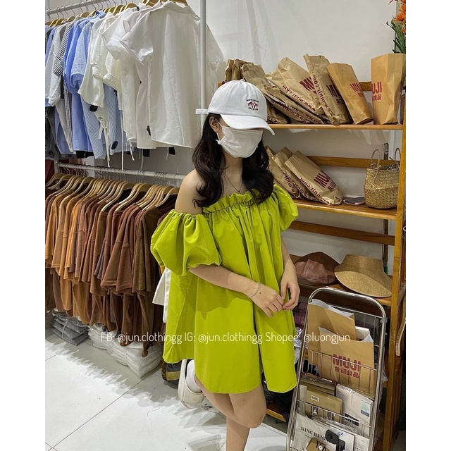 Áo Váy trễ vai tay phồng 6 màu trendy/ quần sooc gấm - JUN.CLOTHINGG | BigBuy360 - bigbuy360.vn