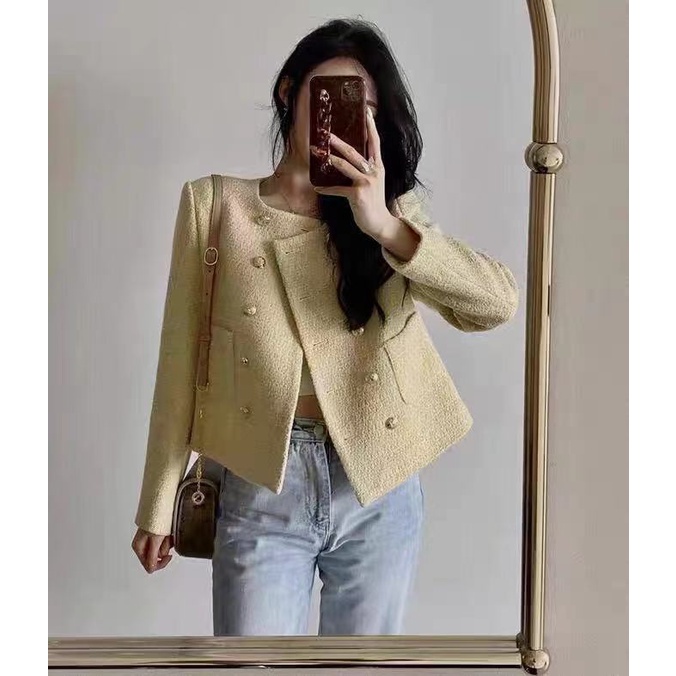 Blackpink lisa Áo Khoác Blazer Len Ngắn Màu Vàng Phong Cách retro Hàn Quốc