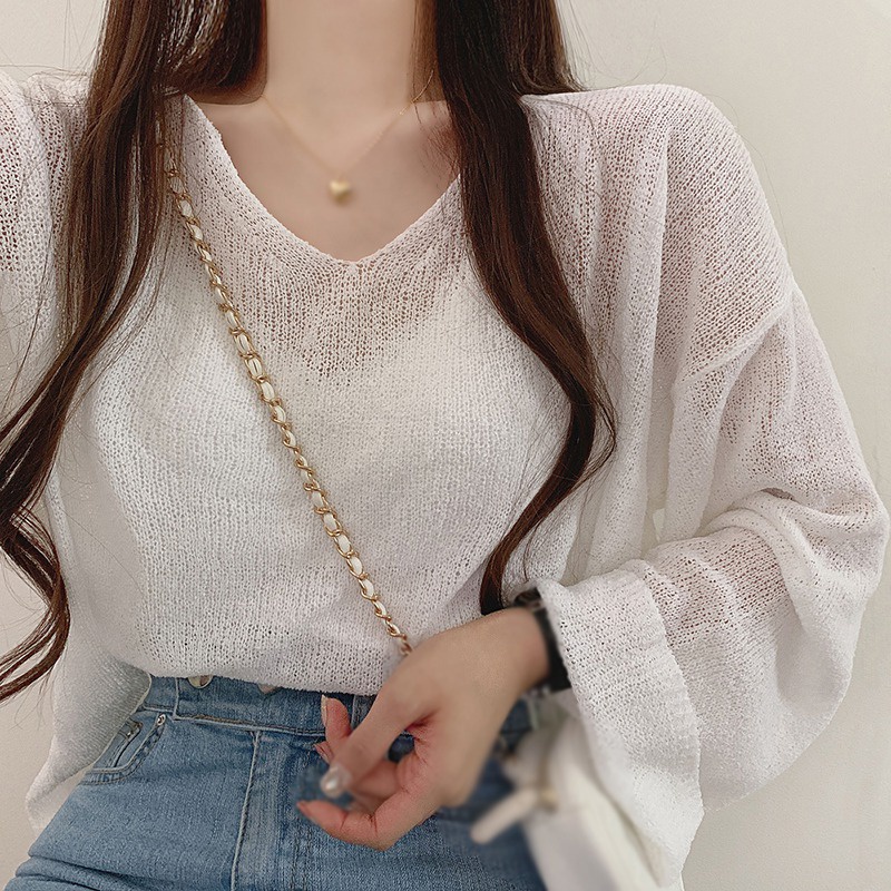 Áo len cổ chữ V dáng rộng tay loe khoét lưng màu trơn thời trang xuân thu cho nữ