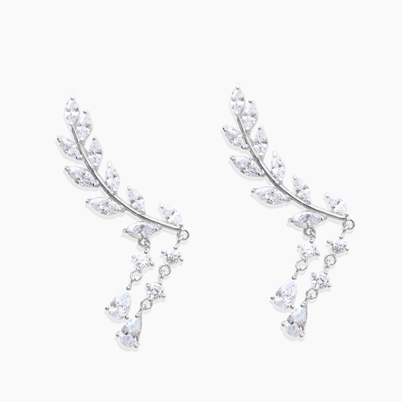 Khuyên tai dạng lá đính đá pha lê phối tua rua cho nữ