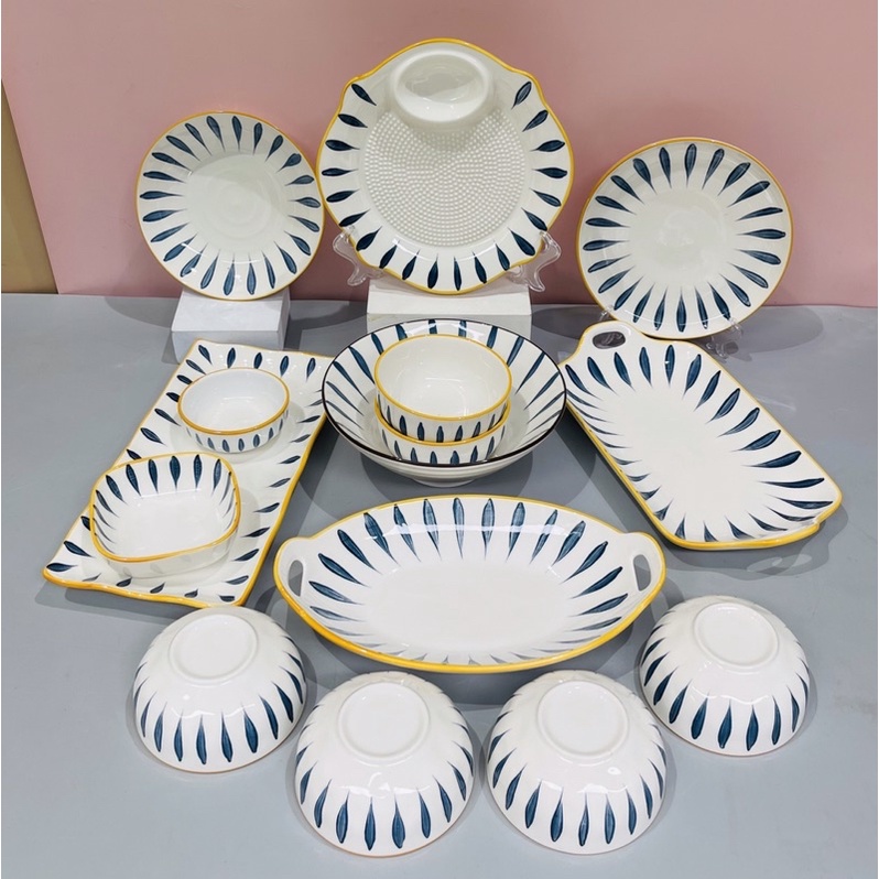 Bộ bát đĩa decor siêu đẹp set bát đĩa nhật hoạ tiết lá liễu 15 món