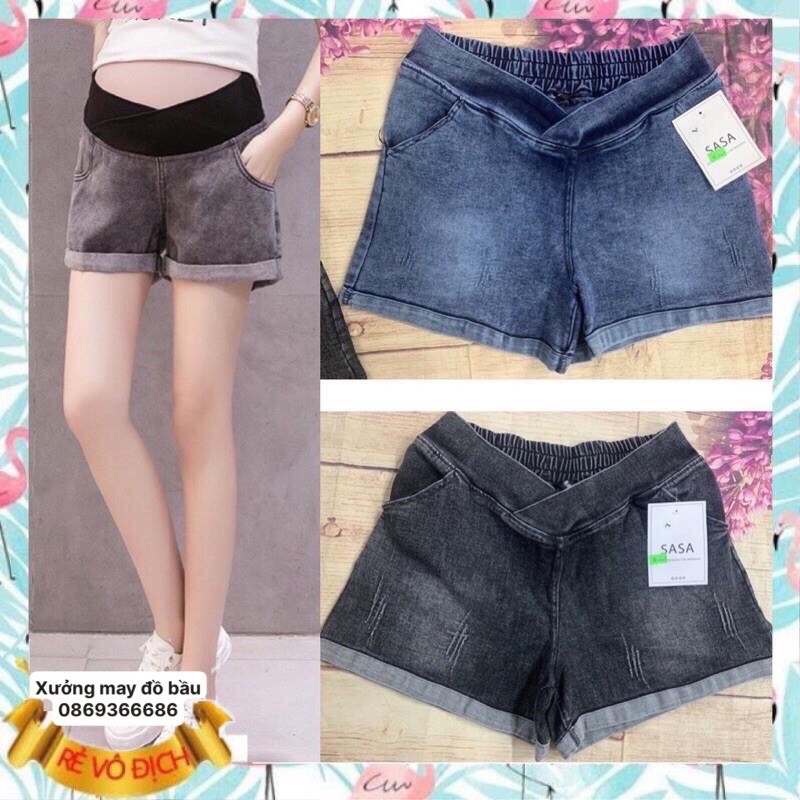 quần bầu cạp chéo chất jean cao cấp co giãn 4 chiều mặc vô cùng thỏa mái☘️ quần sooc bầu có chun co giãn☘️size s~3xl