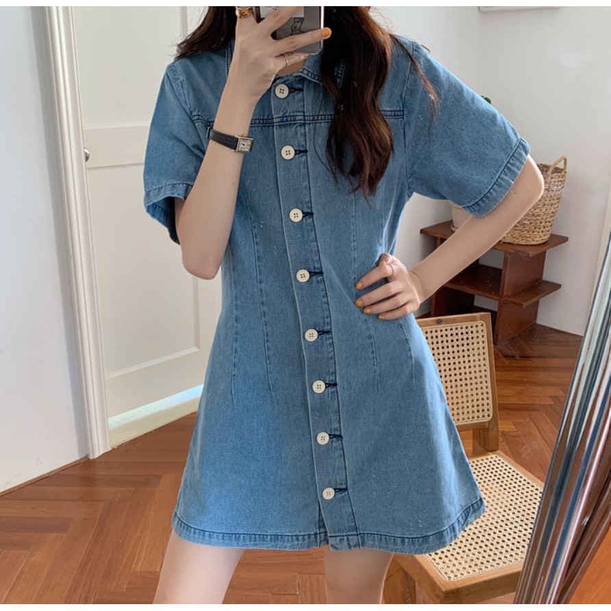 [Mã FASHIONS2 giảm20% tối đa 10k] Đầm denim cổ polo xinh xắn hack dáng siêu đỉnh, Váy bò hàn siêu xinh