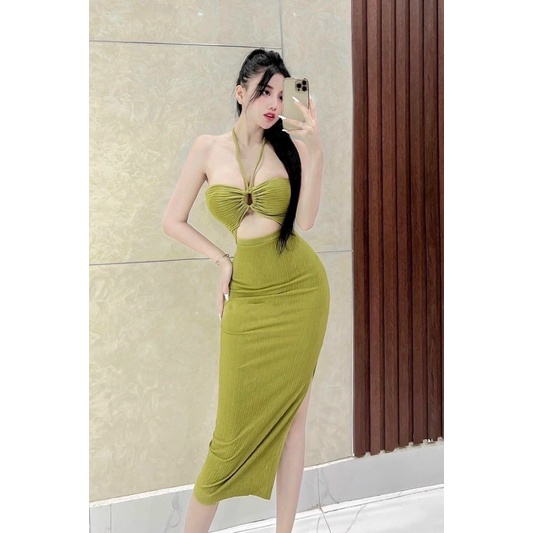 Đầm Maxi Dài Body Khoen Khoét Eo Yếm Cột Hàng Có Sẵn Mút Ngực