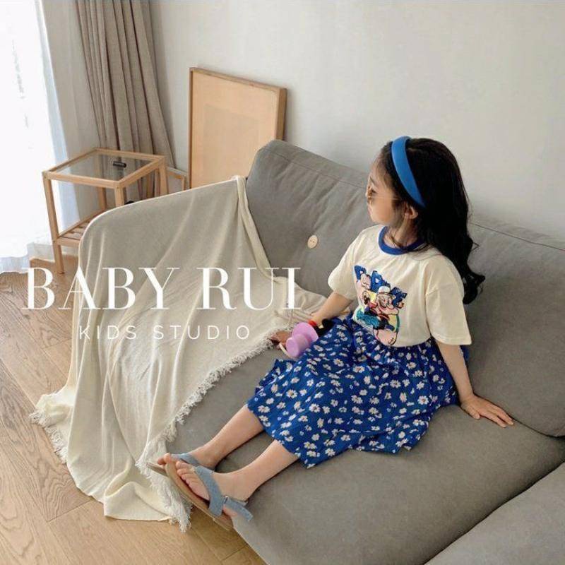 Set áo thun cotton in họa tiết hoạt hình + chân váy hoa lưng thun phong cách Hàn Quốc thời trang mùa hè cho bé