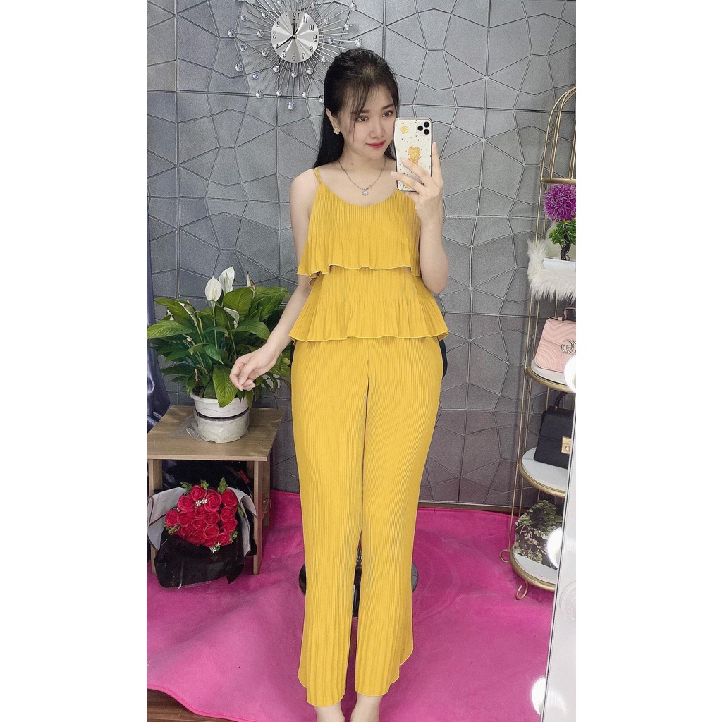 Set hai dây dập ly mặc nhà, mặc ngủ, mặc đi chơi cho nữ, vải lụa, thiết kế siêu xinh, siêu sang