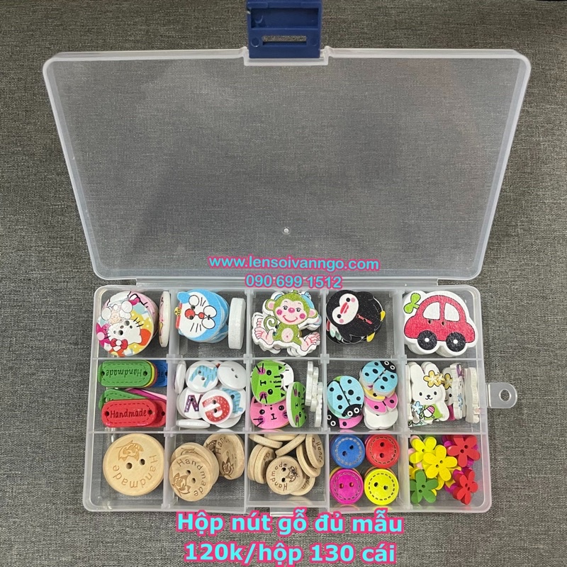 Hộp nút gỗ đủ mẫu (hộp 130 cái)