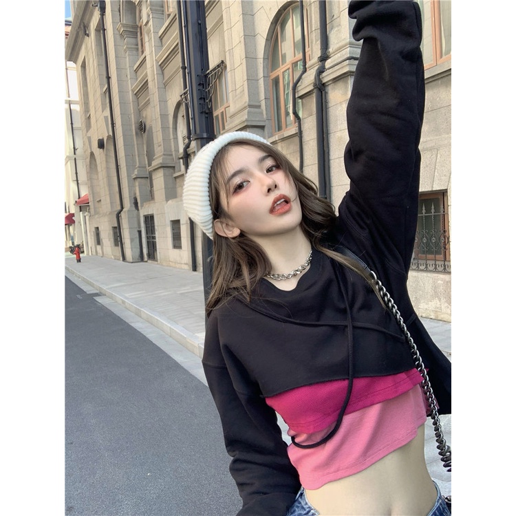 IELGY Áo Sweater Có Mũ Trùm + Áo Sát Nách Giả Nhiều Lớp Kiểu Retro Hàn Quốc Thời Trang Xuân Thu Cho Bạn Gái