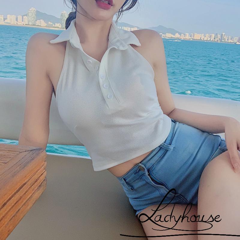 Áo Crop Top Hai Dây Cổ Yếm Cài Nút Màu Trơn Thời Trang Mùa Hè Cho Nữ