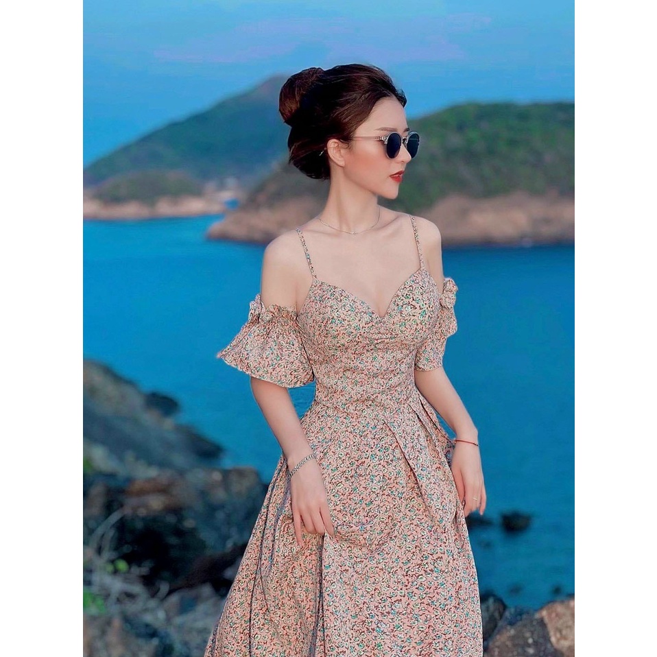 Đầm Nữ Thời Trang Mặc Đi Chơi, Đầm Nữ Maxi Voan Hoa Hai Dây Có Mút Tay Bèo Ôm Eo Xinh Xắn