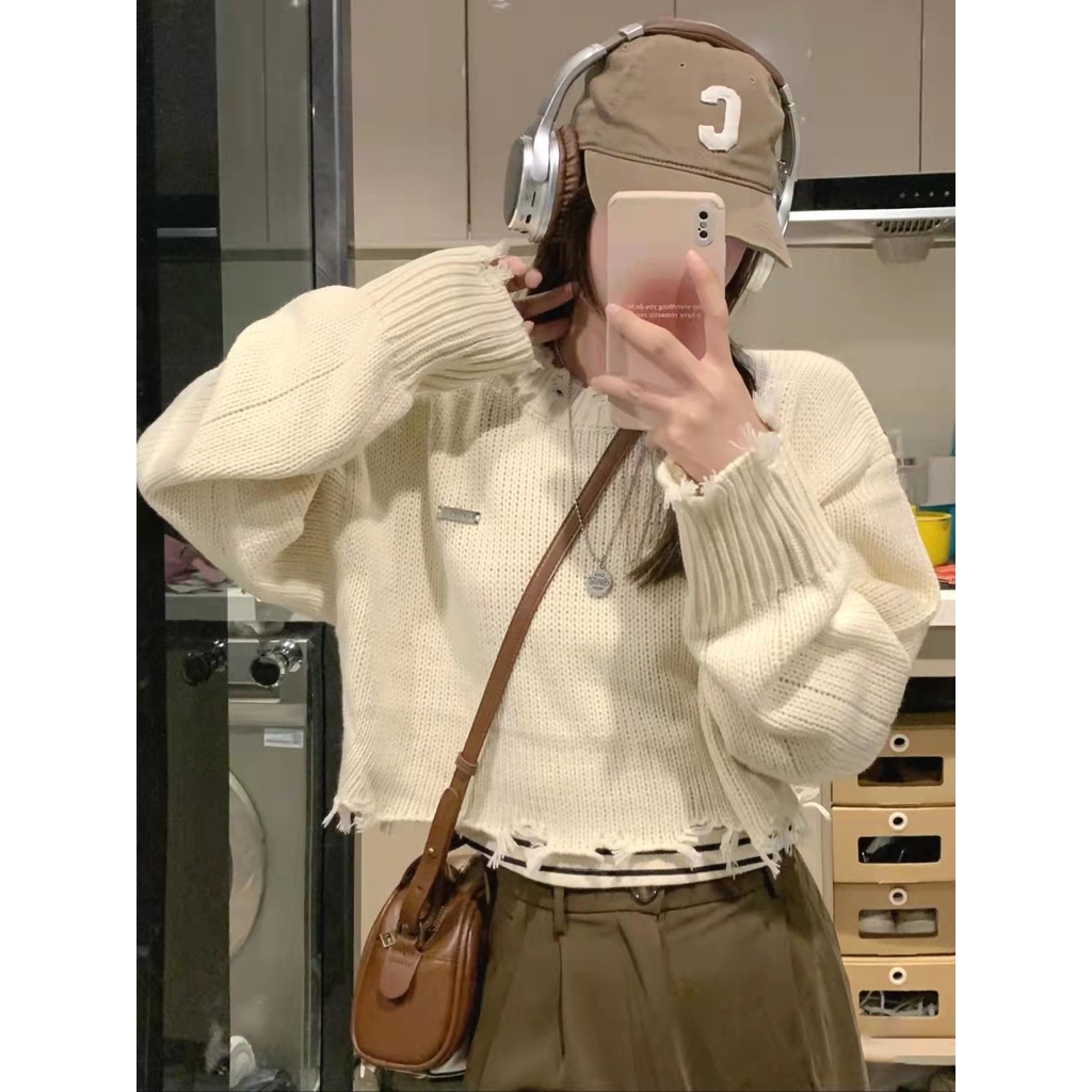 DUNEA Áo Croptop Dệt Kim Tay Dài Kiểu Retro Hàn Quốc Xinh Xắn Cho Nữ