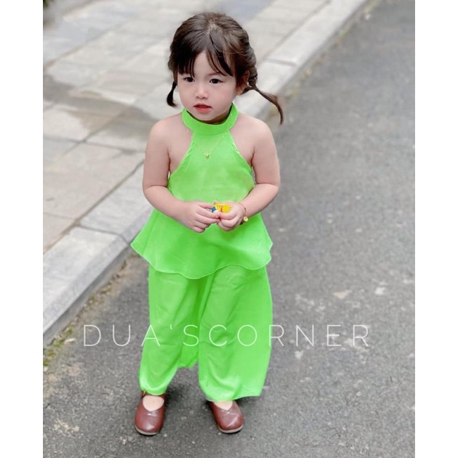 [SET BÉ GÁI] Bộ yếm lụa xanh lá cho bé gái