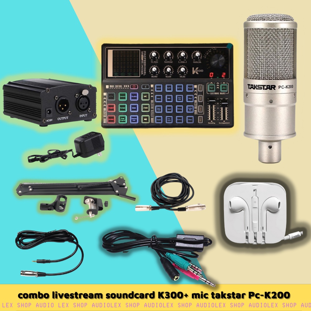 combo livestream giá rẻ chất lượng cao soundcard điện tử K300 + mic takstar Pc-k200 và phụ kiện,tai nghe