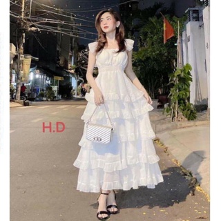 Đầm Trắng Công Chúa nhiều tầng dự tiệc,Váy Maxi thiết kế trễ vai sang trọng Vintage Tiểu Thư.