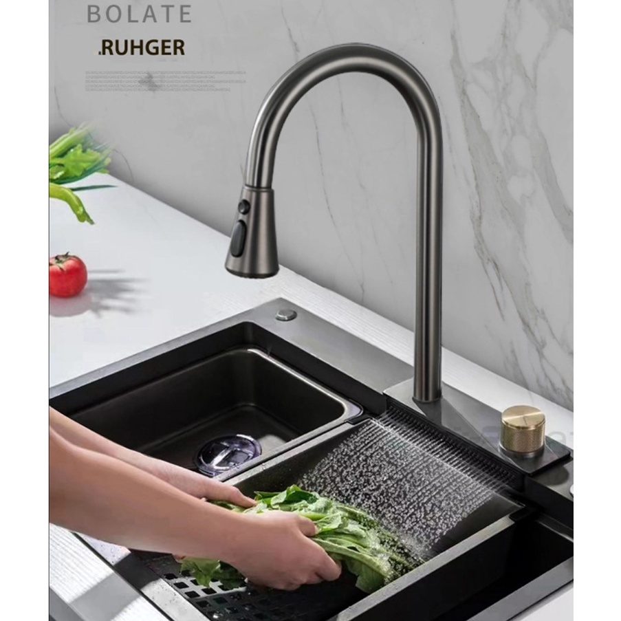 Combo Chậu rửa chén bát 1 hố nano kèm vòi nóng lạnh dây rút, chế độ rửa thác nước ( âm vòi cao cấp)
