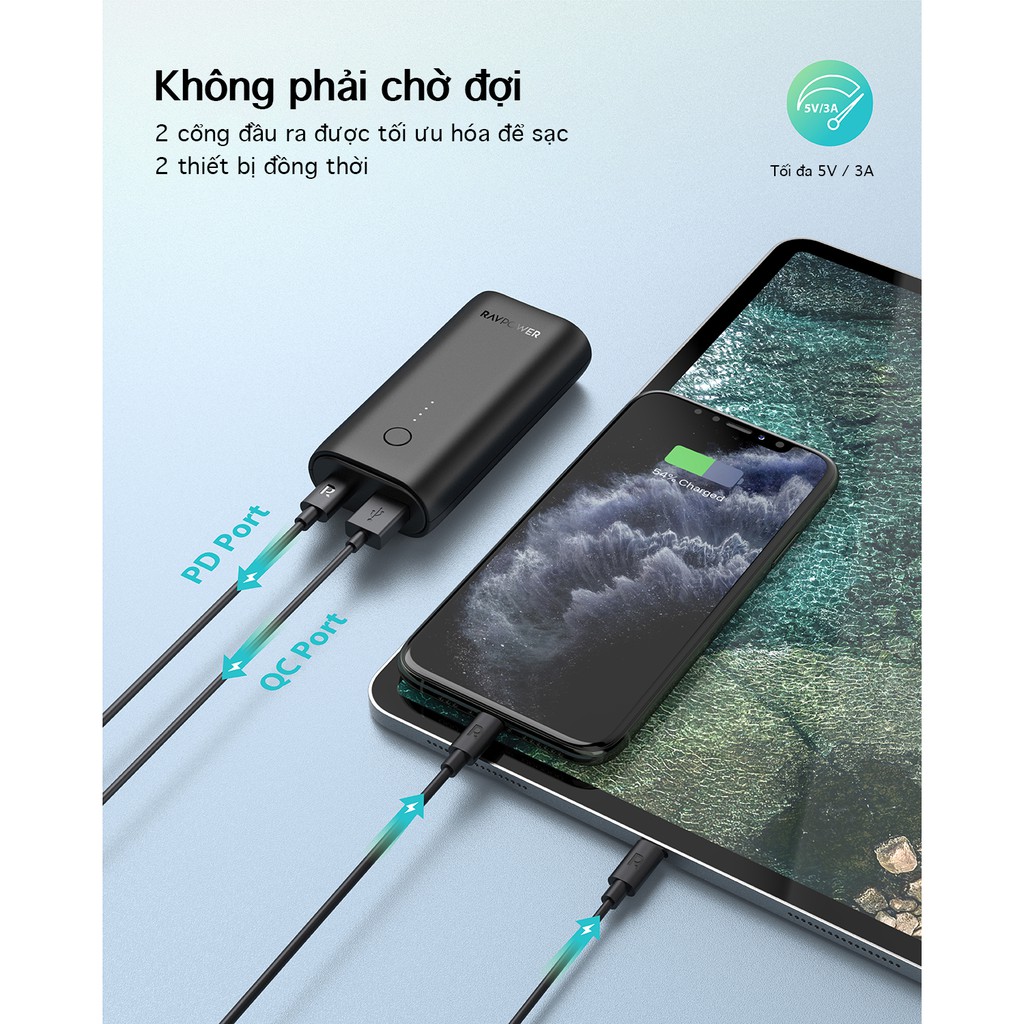 [LÕI PIN LG21700]Pin sạc dự phòng RAVPower 10000mAh PD 18W QC 3.0 Lõi pin LG cao cấp Black RP-PB205