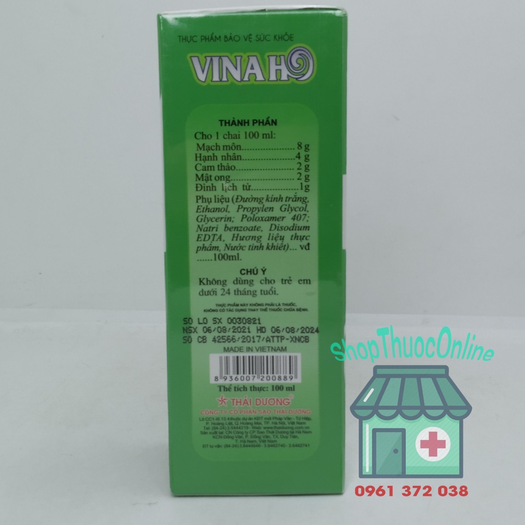 Siro VINAHO Sao Thái Dương - Bổ phế, hỗ trợ làm giảm các chứng ho chai 100ml