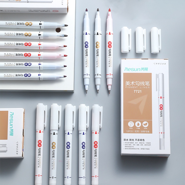 Bút Vẽ Hai Đầu Ngòi Mảnh Mực Xanh/Đỏ/Xanh Dương/Đen Chống Thấm Nước Dùng Vẽ Tranh