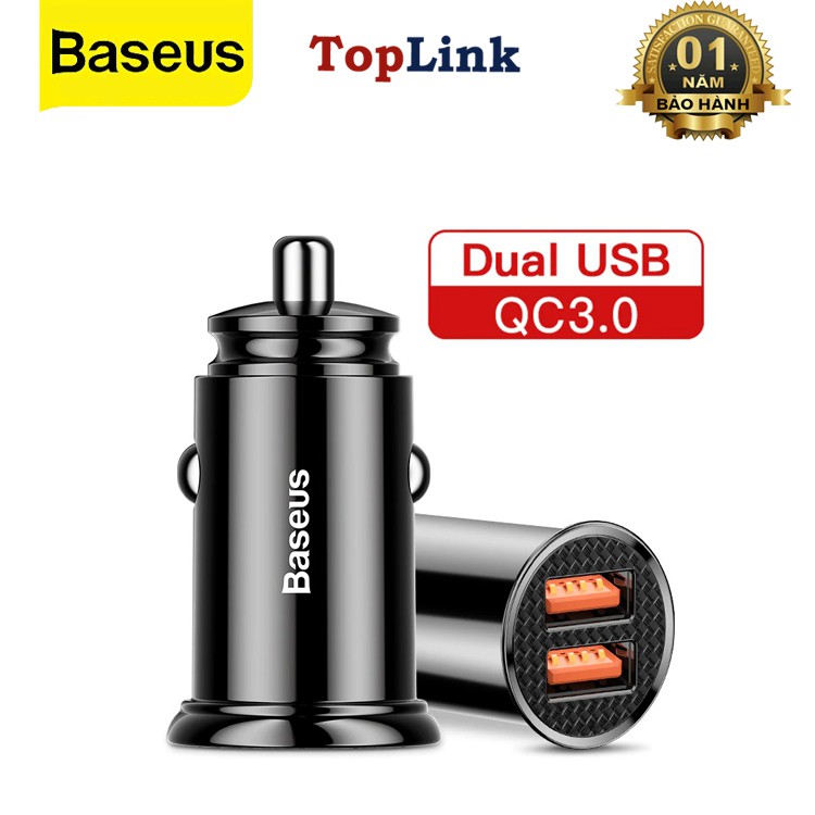 Tẩu Sạc Mini Ô Tô - Củ Sạc Mini Xe Hơi Baseus C16Q1 Công Suất 30W  2 Cổng USB Sạc Nhanh QC 3.0 - TopLink