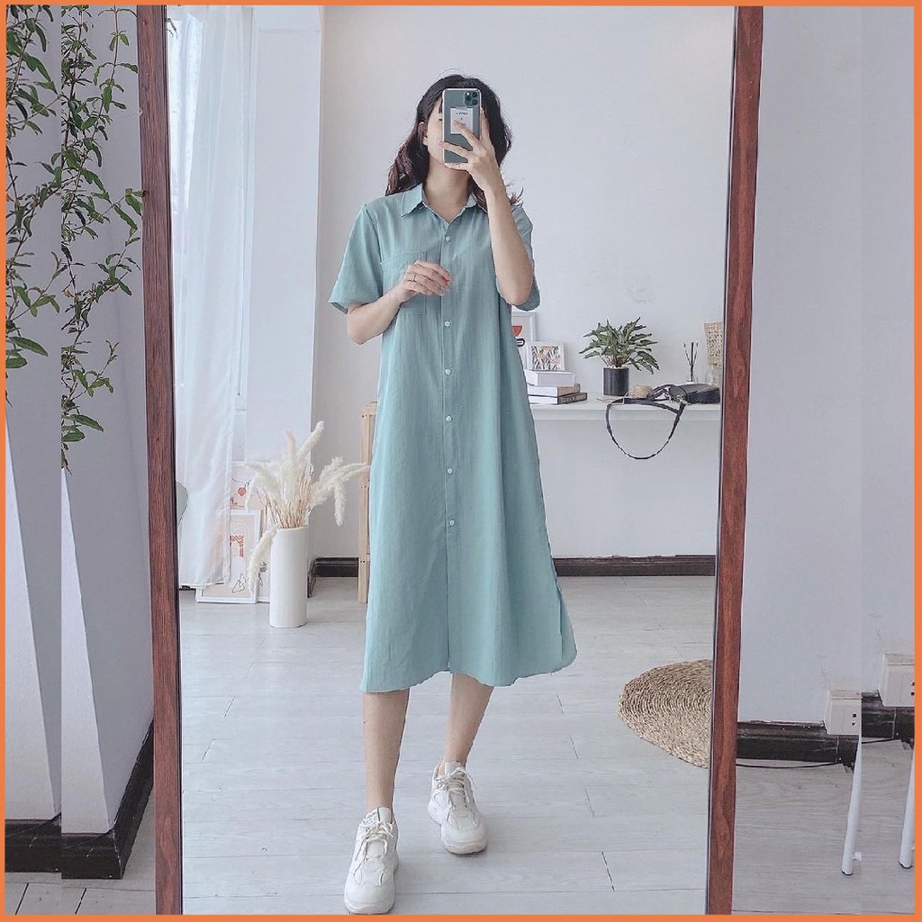 Váy sơ mi nữ dáng dài Linly Store thắt eo form suông vintage V-SMN