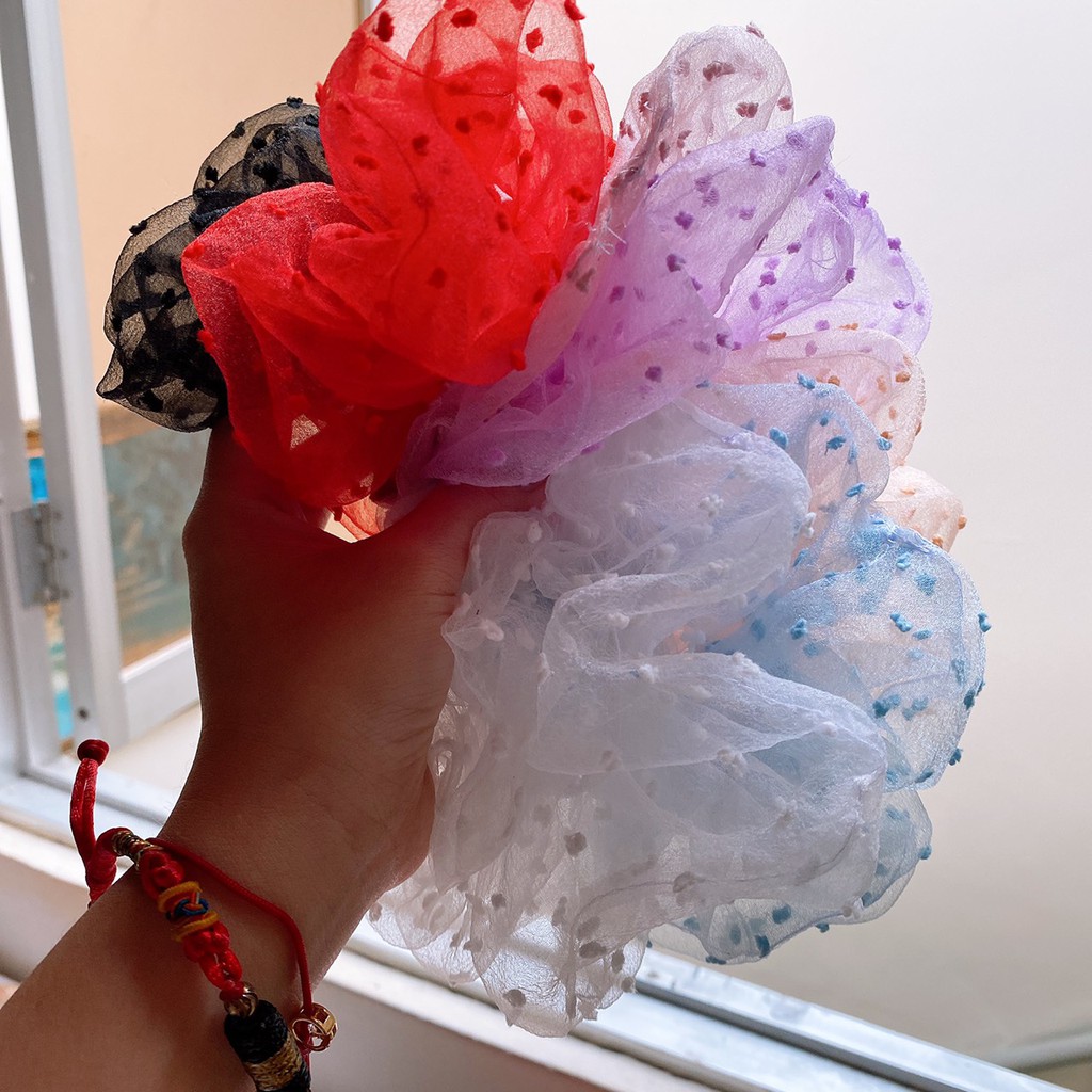 {Ảnh thật}CỘT TÓC SCRUNCHIES CHẤM VON TUYẾT SIZE TO, BUỘC TÓC ĐEO TAY GIÁ RẺ