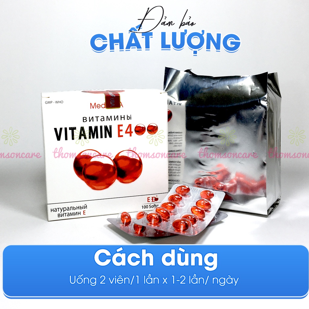 Bổ sung Vitamin E đỏ 400 IU, hỗ trợ làm đẹp da, ngăn ngừa lão hóa, có thêm lô hội, tương tự E đỏ Nga Hộp 100 viên