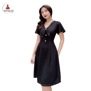 Đầm Nữ NHẬT VY Phối Nơ Chạy Viền Chỉ Chất Kaki Thun Đi Tiệc Dáng Xòe Màu Đỏ, Đen - D2271