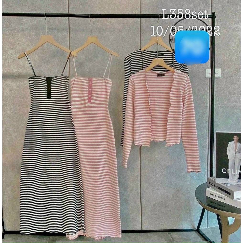 [10.10 Sale Freeship] Set váy body 2 dây kẻ sọc ngang kèm áo khoác ngoài tay dài, đầm ôm dáng suông quyến rũ sexy